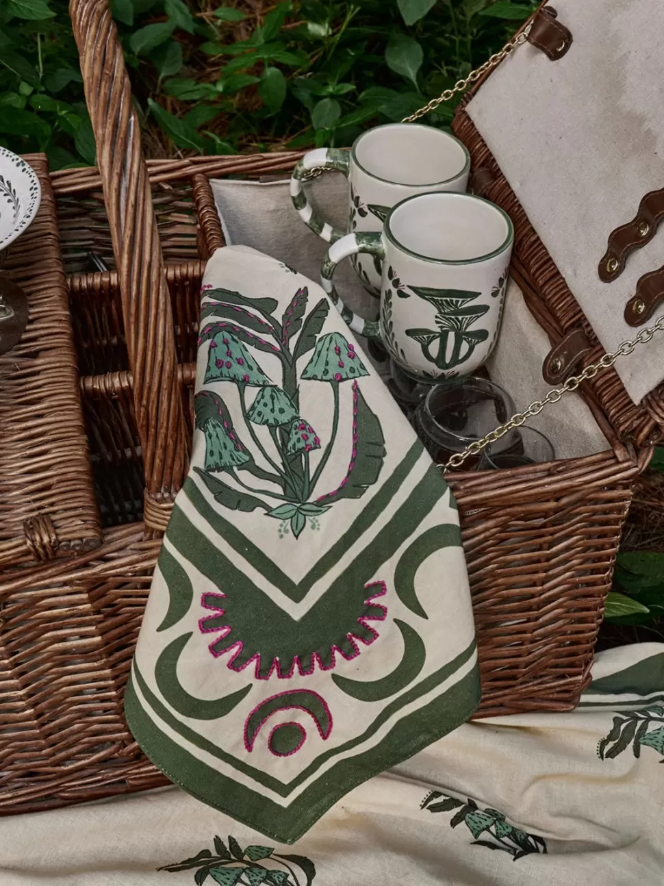 Johanna Ortiz Table Linens | Secret Life Of Funghi Cloth Napkins In Green Set Of 4